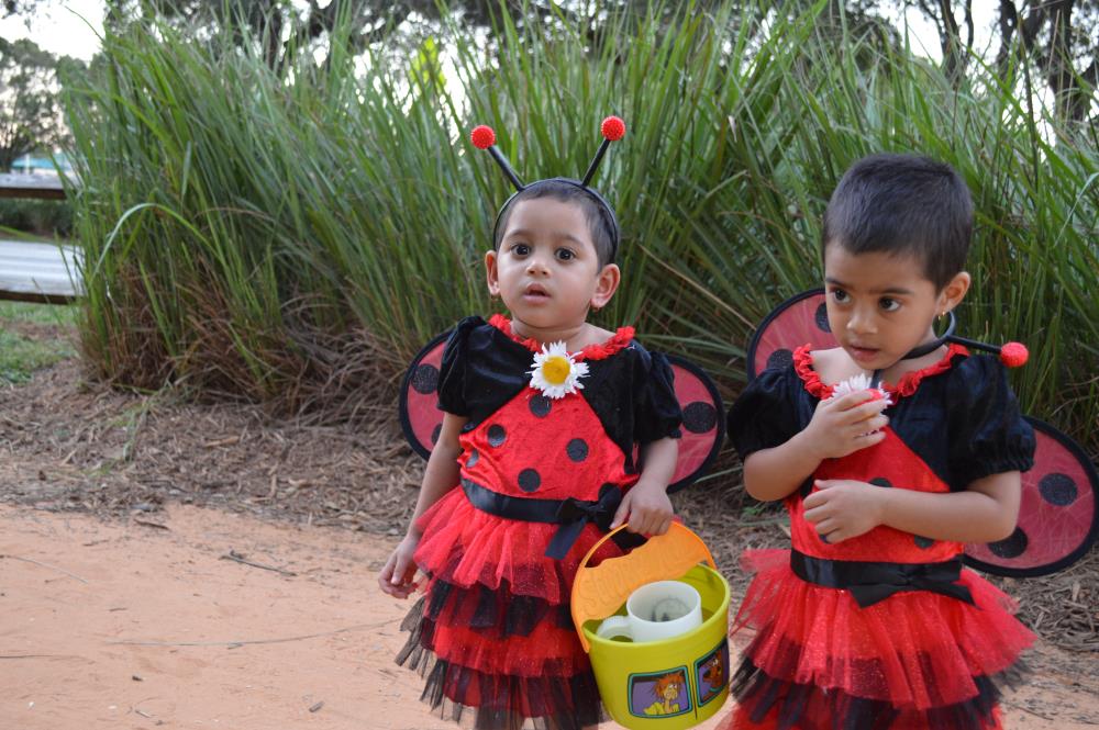 Young girls dressed in lady bug dresses with wings
